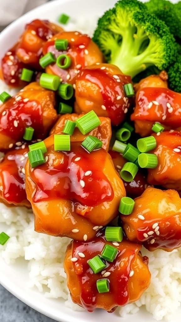 Crispy honey garlic chicken served with rice and broccoli, garnished with green onions and sesame seeds.